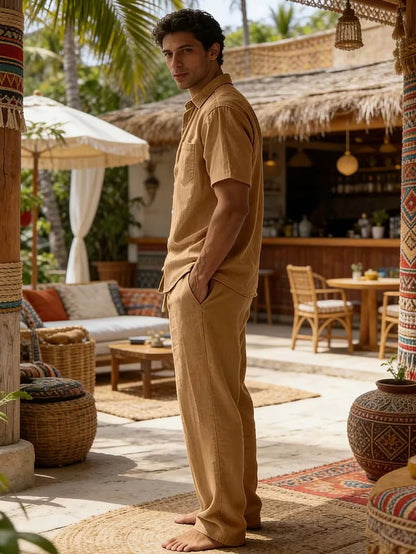 Conjunto de camisa de manga corta y pantalones de pierna ancha para hombre-Sets for Men-Casaluzia