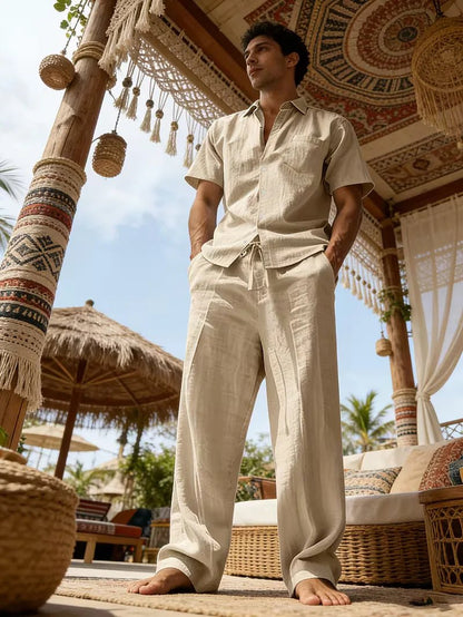 Conjunto de camisa de manga corta y pantalones de pierna ancha para hombre-Sets for Men-Casaluzia