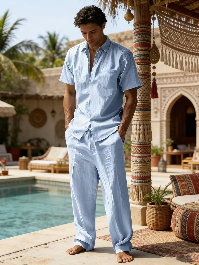 Conjunto de camisa de manga corta y pantalones de pierna ancha para hombre-Sets for Men-Casaluzia