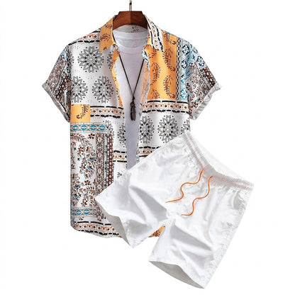 Conjunto de camisa estampada y pantalones cortos con cordón para hombre-Sets for Men-Casaluzia