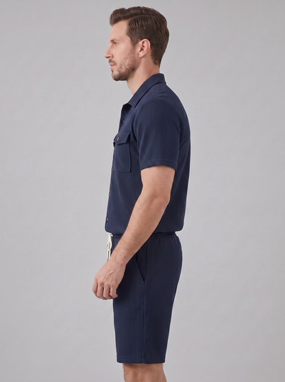Conjunto de Camisa y Pantalones Cortos con Textura Acanalada para Hombre-Sets for Men-Casaluzia