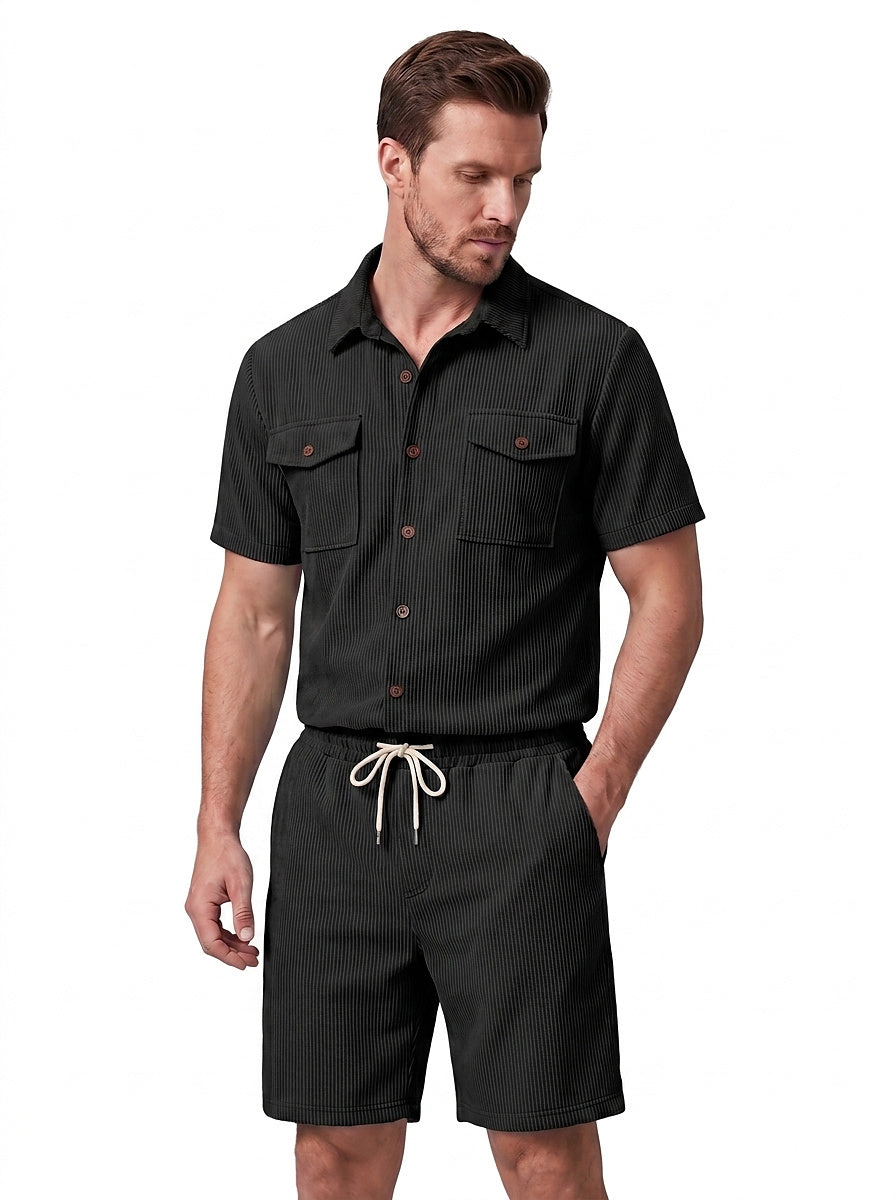 Conjunto de Camisa y Pantalones Cortos con Textura Acanalada para Hombre-Sets for Men-Casaluzia