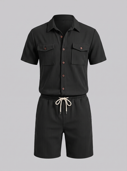 Conjunto de Camisa y Pantalones Cortos con Textura Acanalada para Hombre-Sets for Men-Casaluzia