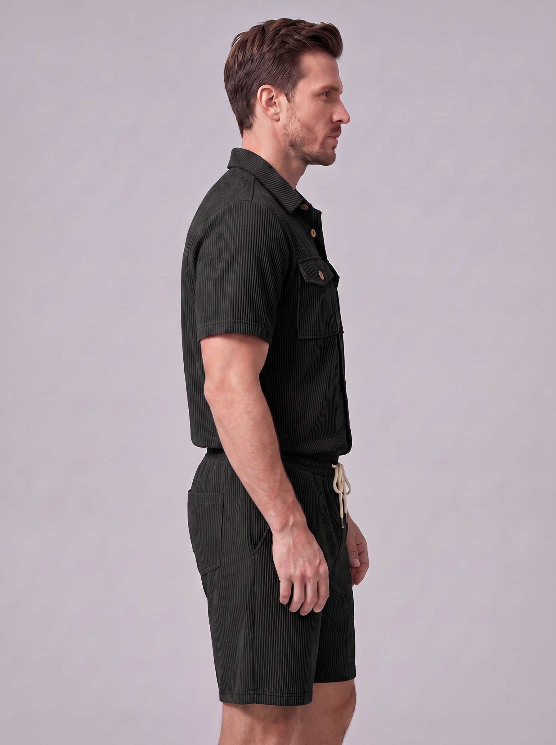 Conjunto de Camisa y Pantalones Cortos con Textura Acanalada para Hombre-Sets for Men-Casaluzia