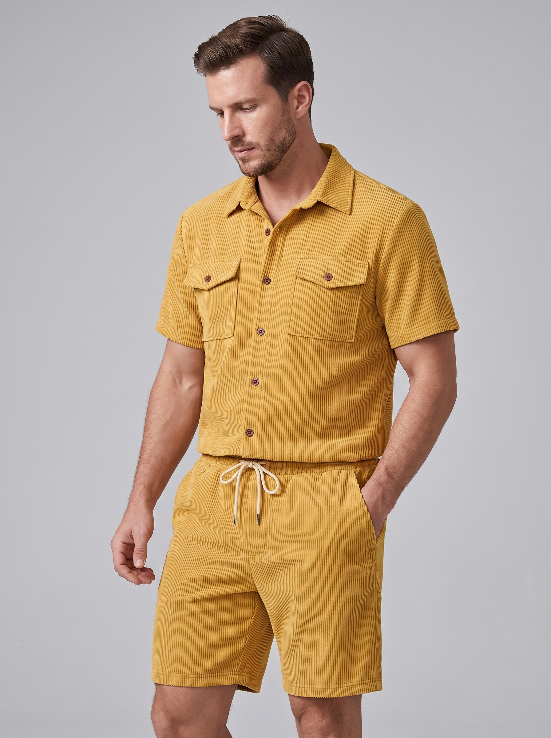 Conjunto de Camisa y Pantalones Cortos con Textura Acanalada para Hombre-Sets for Men-Casaluzia