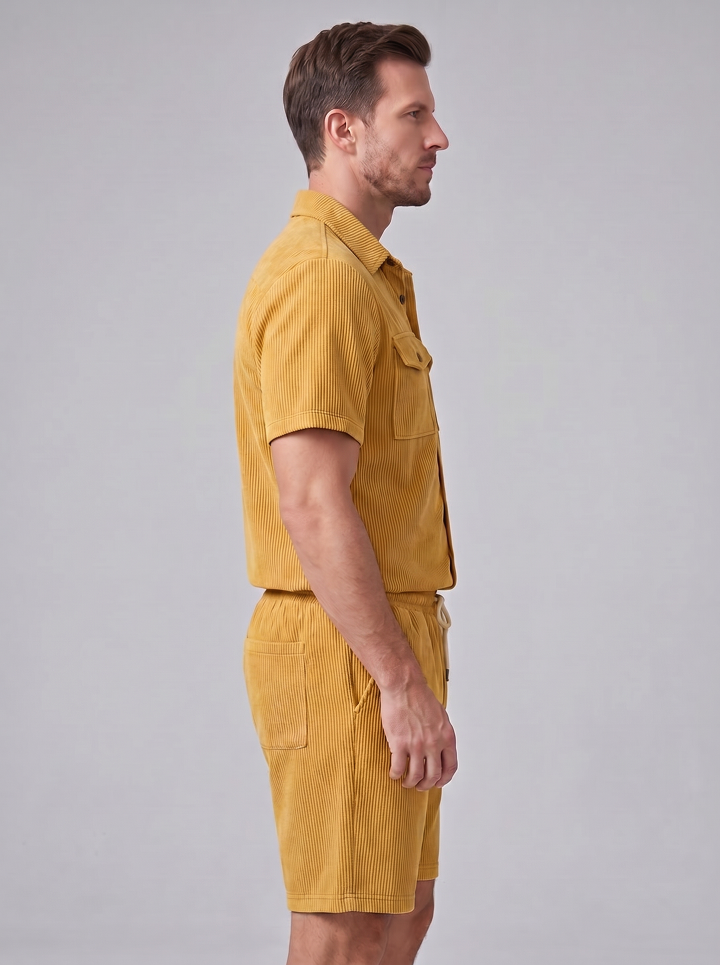 Conjunto de Camisa y Pantalones Cortos con Textura Acanalada para Hombre-Sets for Men-Casaluzia