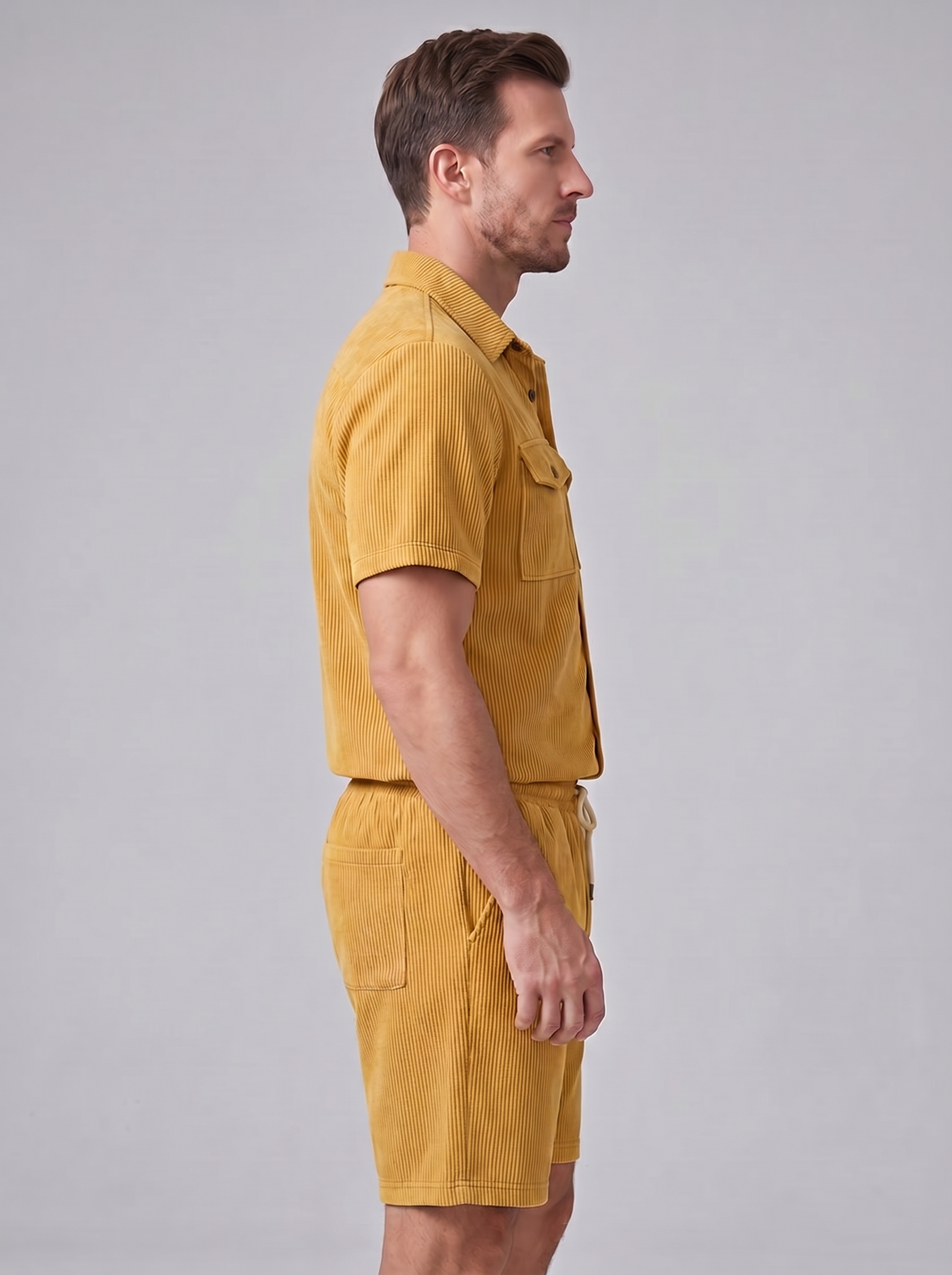 Conjunto de Camisa y Pantalones Cortos con Textura Acanalada para Hombre-Sets for Men-Casaluzia