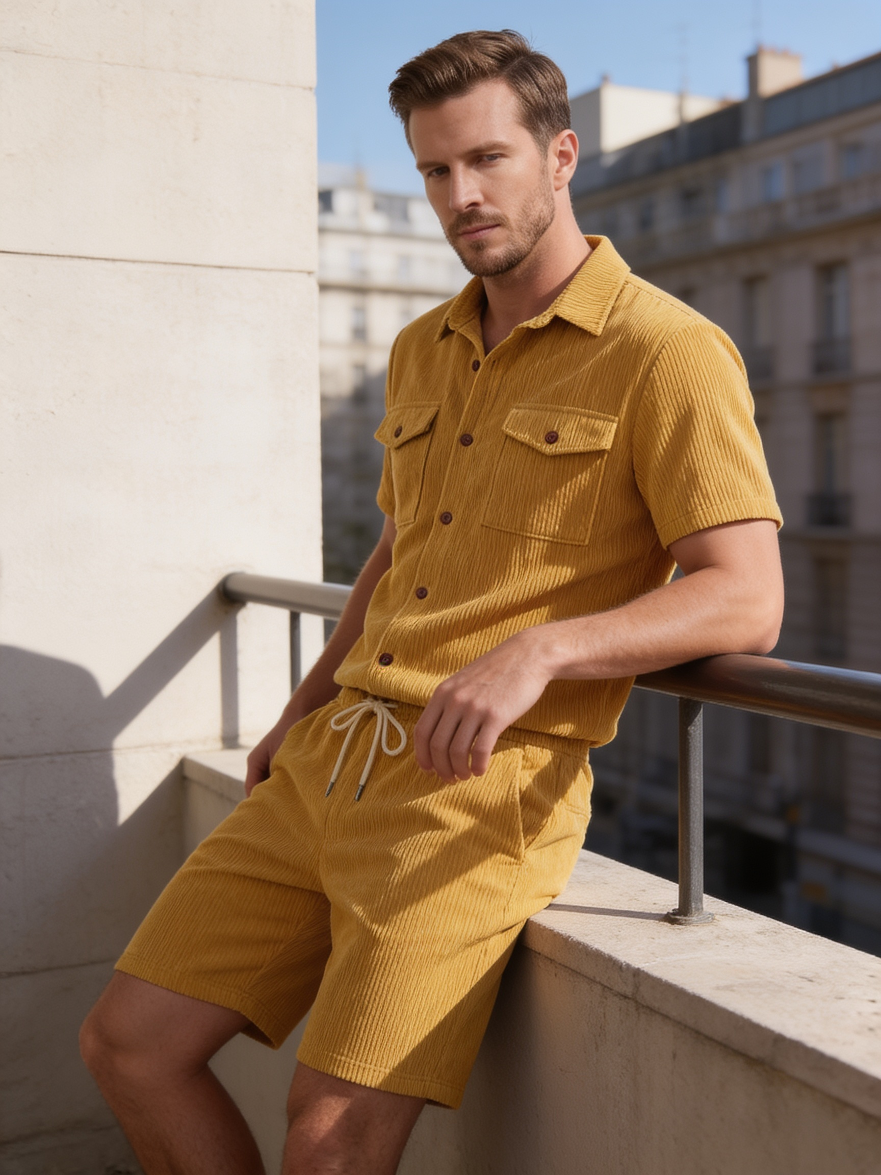 Conjunto de Camisa y Pantalones Cortos con Textura Acanalada para Hombre-Sets for Men-Casaluzia