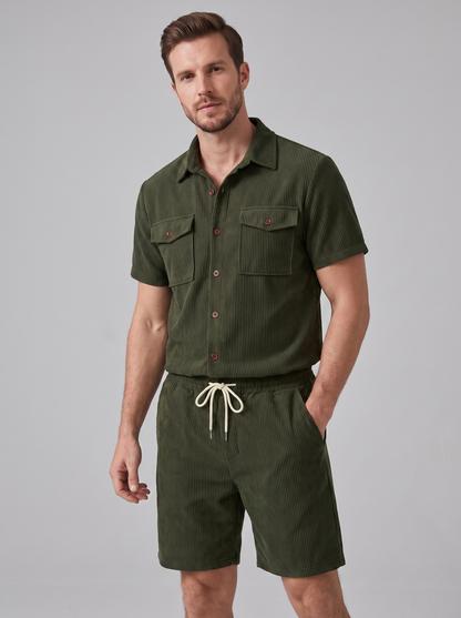 Conjunto de Camisa y Pantalones Cortos con Textura Acanalada para Hombre-Sets for Men-Casaluzia