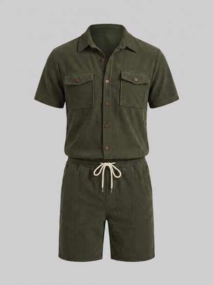 Conjunto de Camisa y Pantalones Cortos con Textura Acanalada para Hombre-Sets for Men-Casaluzia