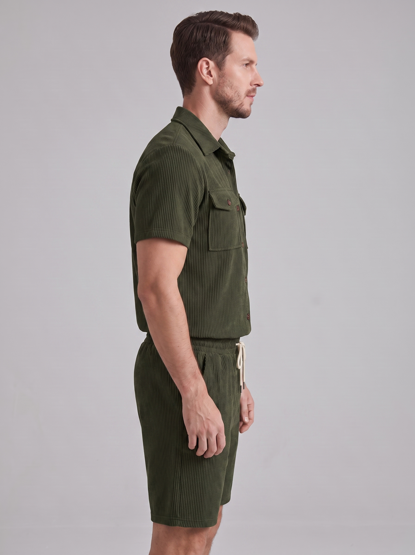 Conjunto de Camisa y Pantalones Cortos con Textura Acanalada para Hombre-Sets for Men-Casaluzia