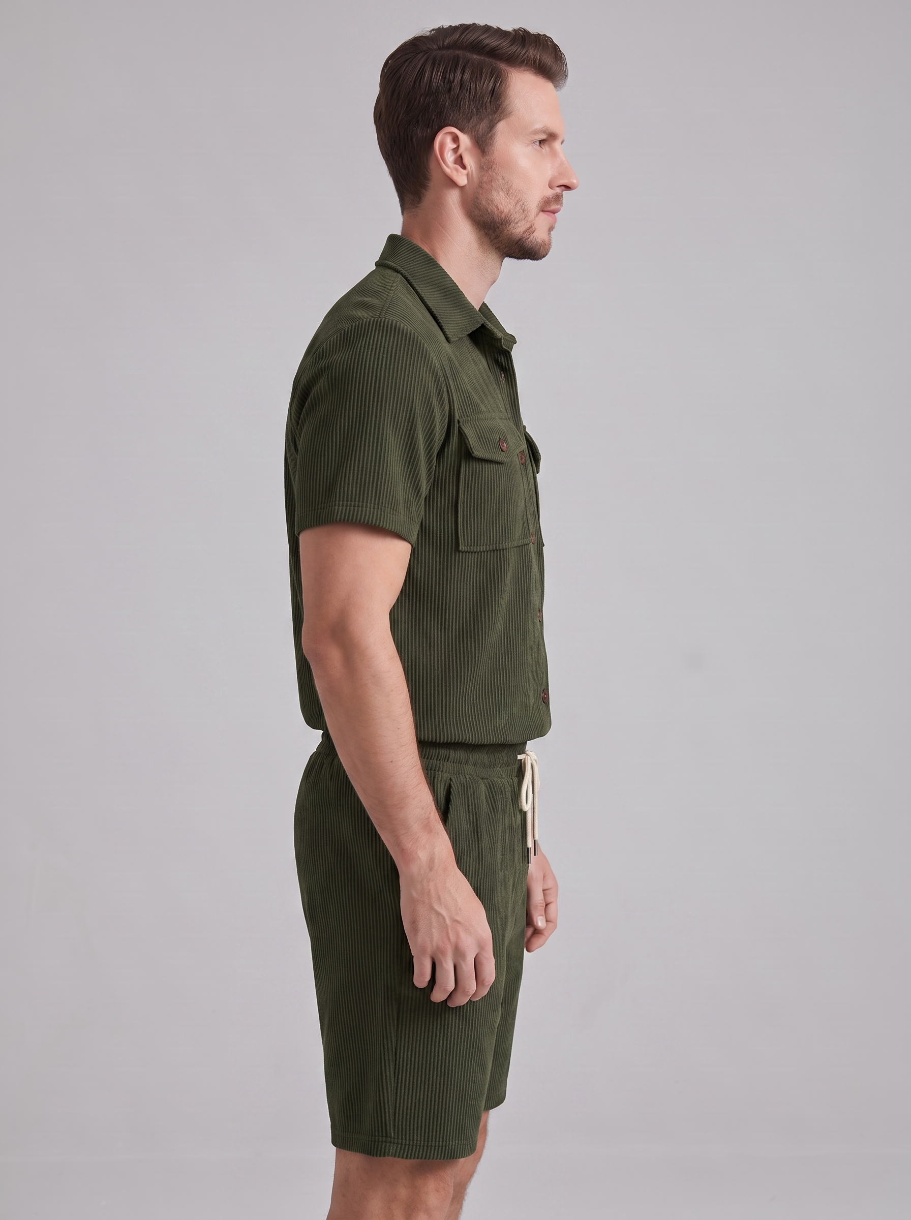 Conjunto de Camisa y Pantalones Cortos con Textura Acanalada para Hombre-Sets for Men-Casaluzia