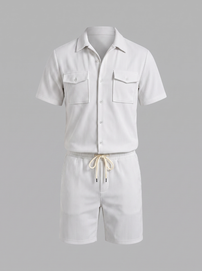 Conjunto de Camisa y Pantalones Cortos con Textura Acanalada para Hombre-Sets for Men-Casaluzia