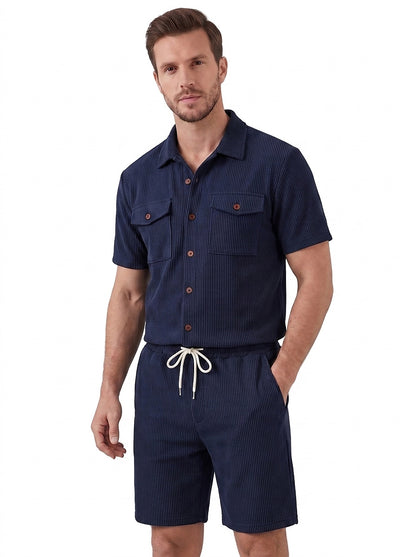Conjunto de Camisa y Pantalones Cortos con Textura Acanalada para Hombre-Sets for Men-Casaluzia