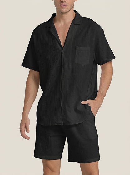 Conjunto de camisa y pantalones cortos de tejido texturizado para hombre-Men's Sets-Casaluzia
