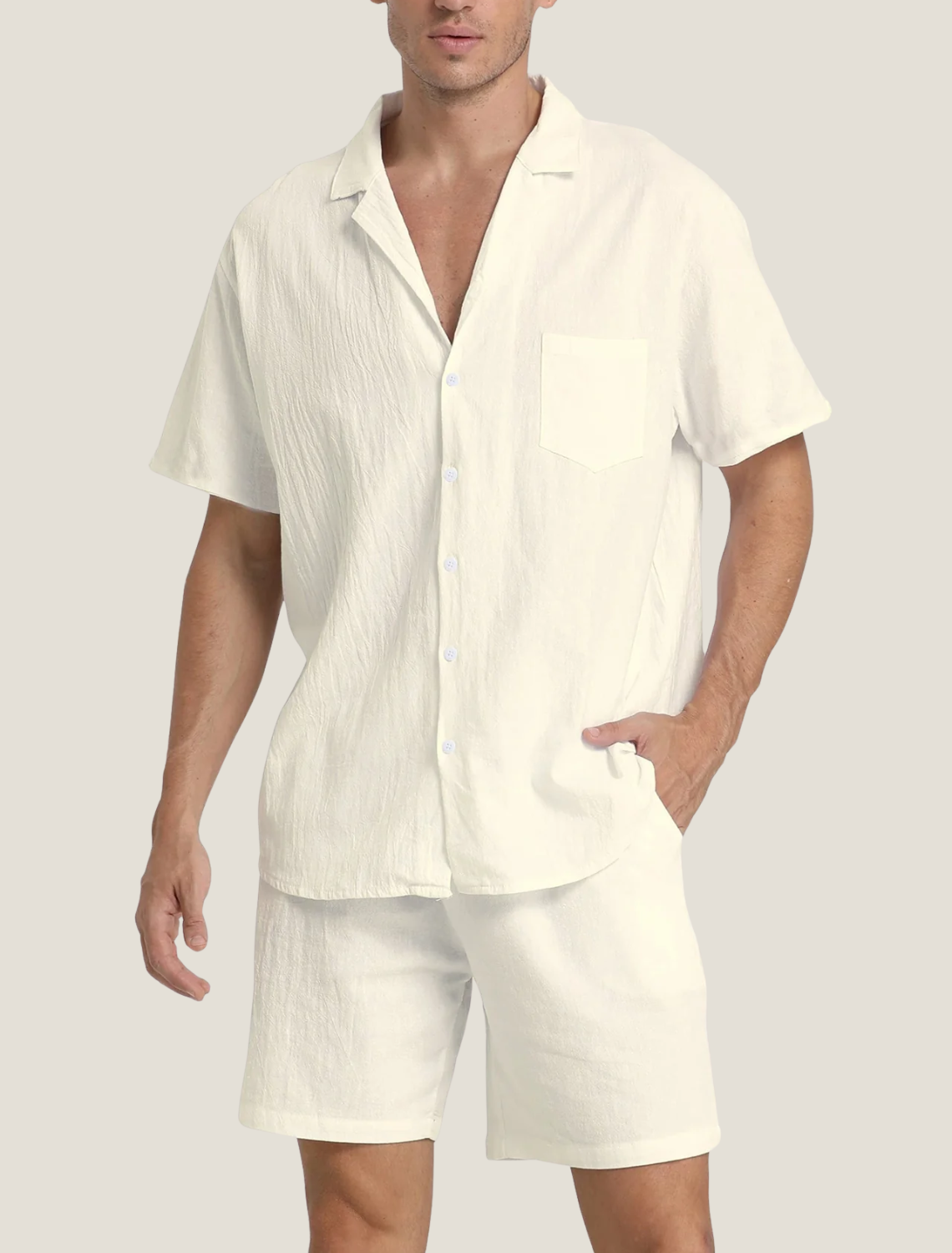 Conjunto de camisa y pantalones cortos de tejido texturizado para hombre-Men's Sets-Casaluzia