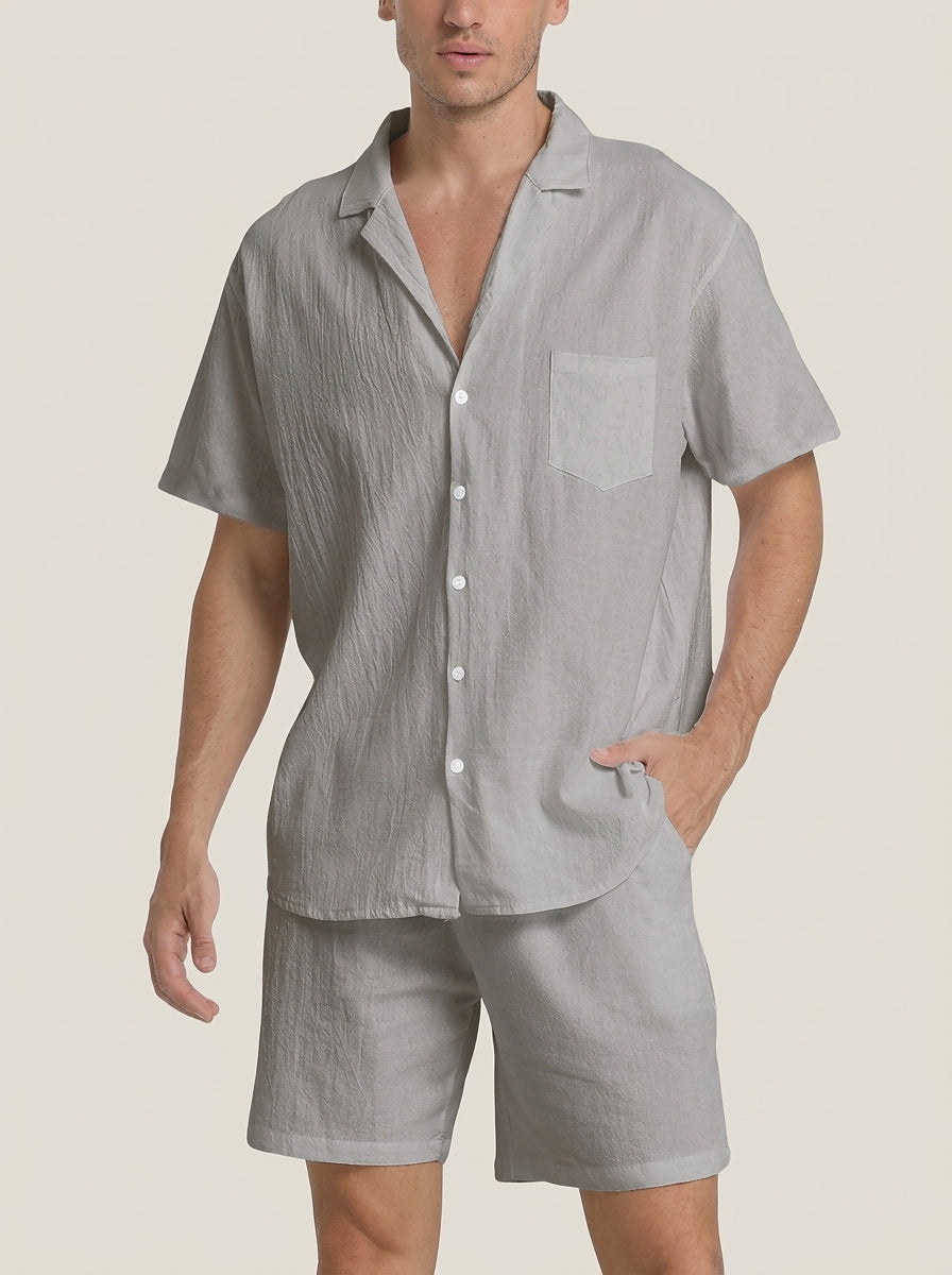 Conjunto de camisa y pantalones cortos de tejido texturizado para hombre-Men's Sets-Casaluzia
