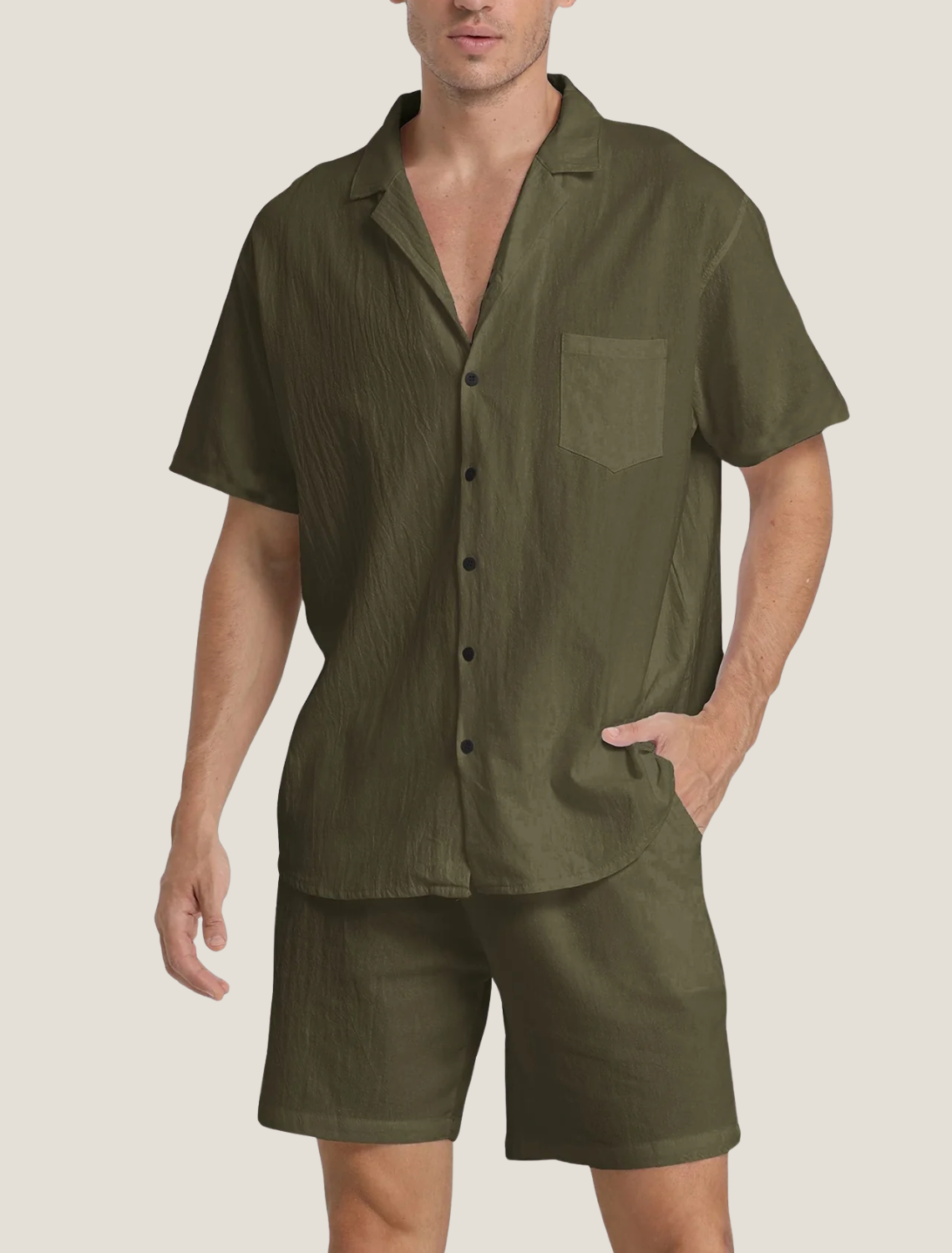 Conjunto de camisa y pantalones cortos de tejido texturizado para hombre-Men's Sets-Casaluzia