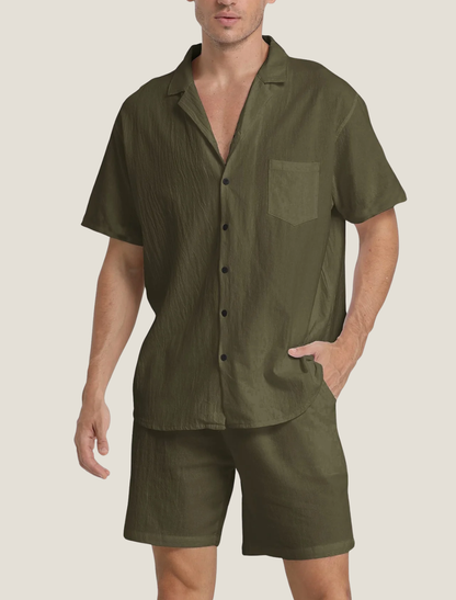 Conjunto de camisa y pantalones cortos de tejido texturizado para hombre-Men's Sets-Casaluzia