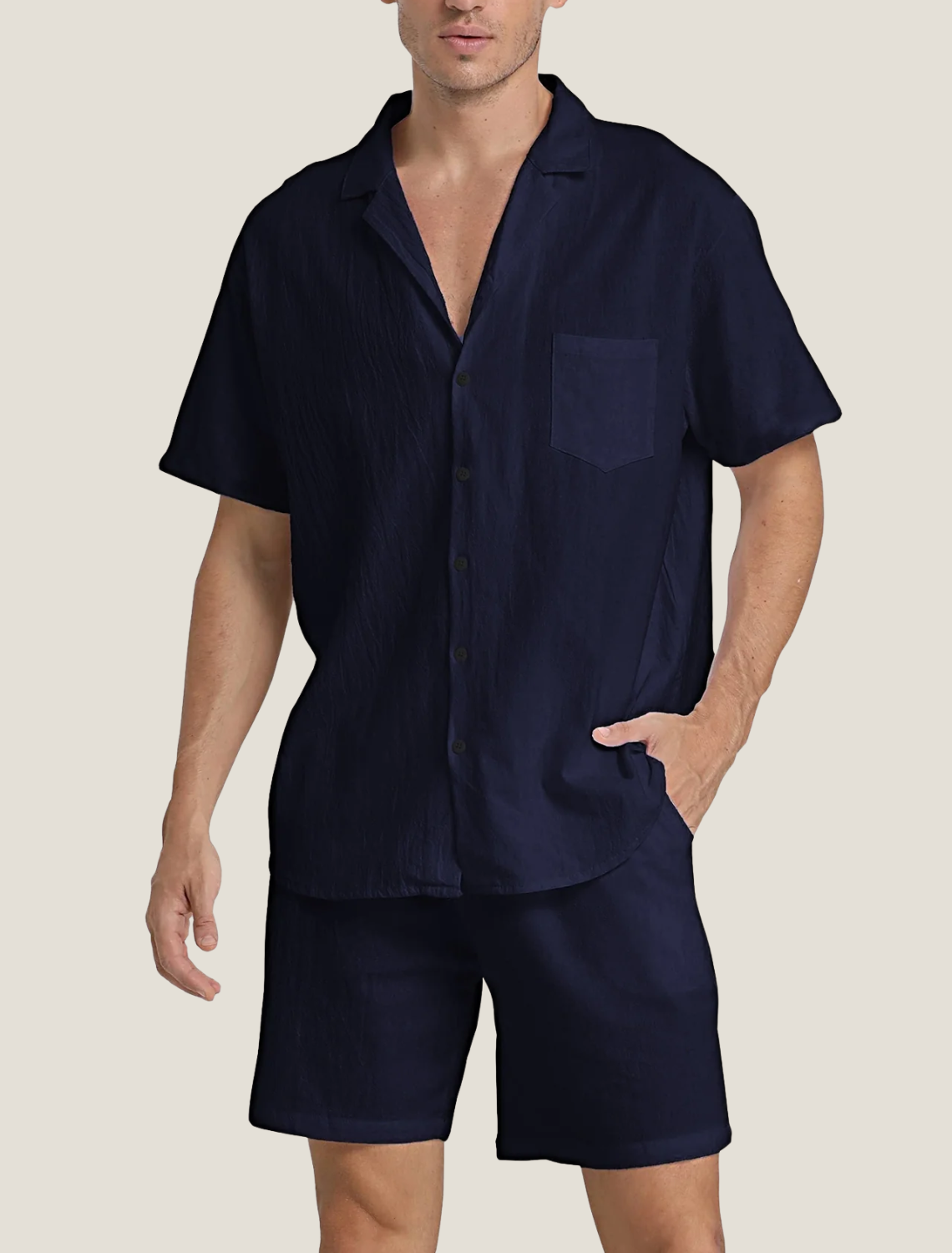 Conjunto de camisa y pantalones cortos de tejido texturizado para hombre-Men's Sets-Casaluzia