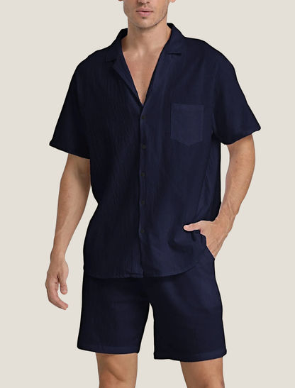 Conjunto de camisa y pantalones cortos de tejido texturizado para hombre-Men's Sets-Casaluzia