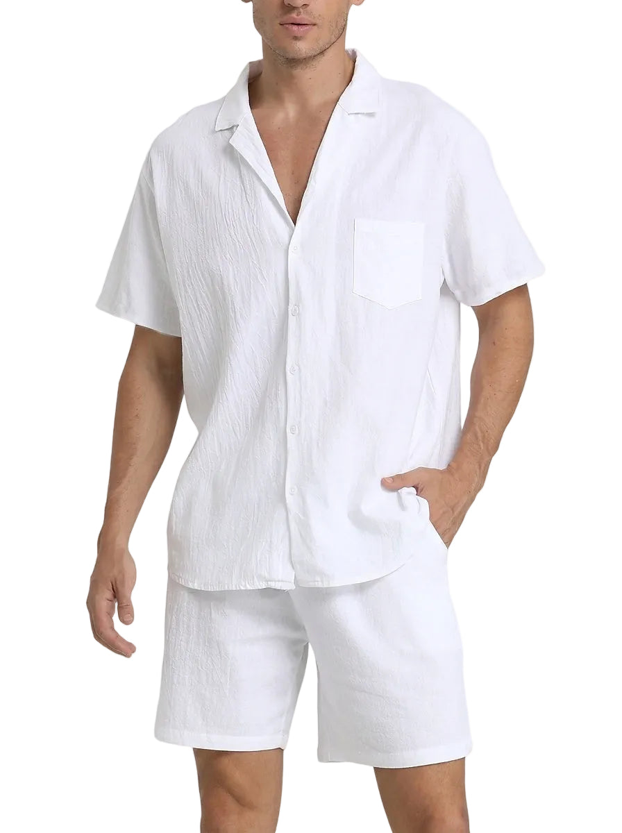 Conjunto de camisa y pantalones cortos de tejido texturizado para hombre-Men's Sets-Casaluzia
