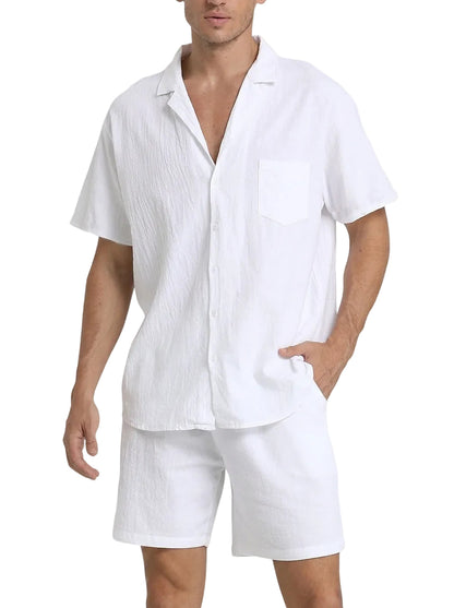 Conjunto de camisa y pantalones cortos de tejido texturizado para hombre-Men's Sets-Casaluzia