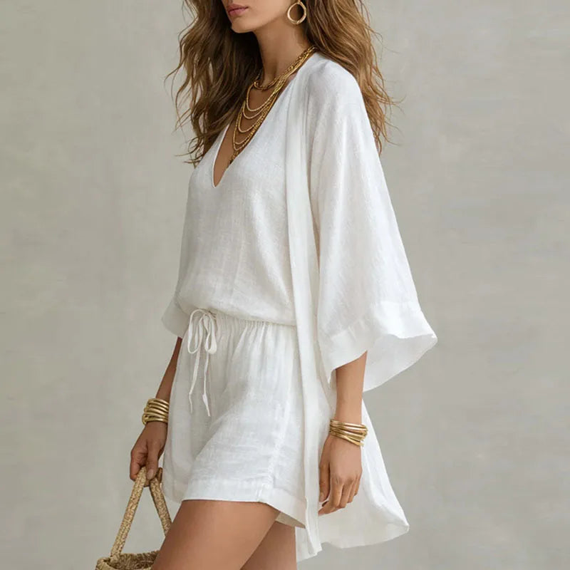 Conjunto de cárdigan abierto, top y shorts para mujer-Clothing Set-Casaluzia
