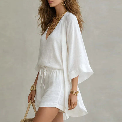 Conjunto de cárdigan abierto, top y shorts para mujer-Clothing Set-Casaluzia