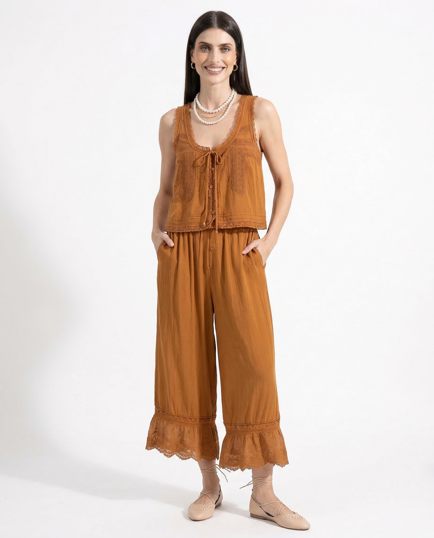 Conjunto de chaleco con ribete de encaje y pantalones de pierna ancha para mujer-Sets for women-Casaluzia