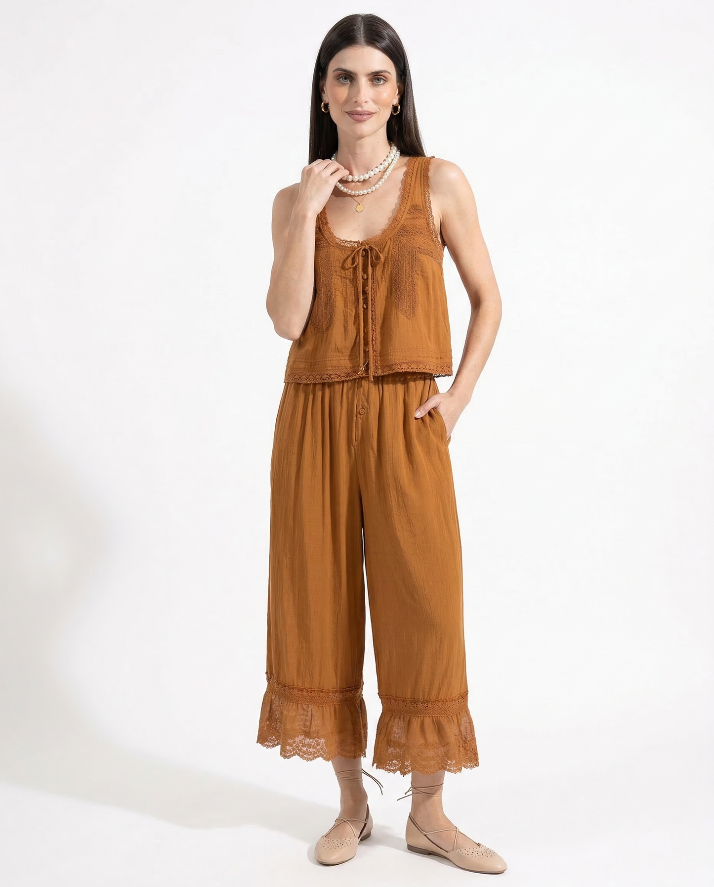 Conjunto de chaleco con ribete de encaje y pantalones de pierna ancha para mujer-Sets for women-Casaluzia