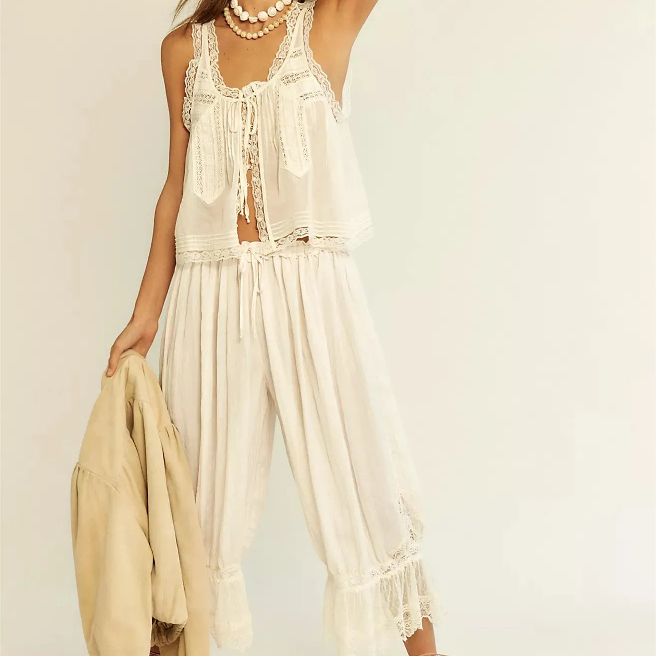 Conjunto de chaleco con ribete de encaje y pantalones de pierna ancha para mujer-Sets for women-Casaluzia