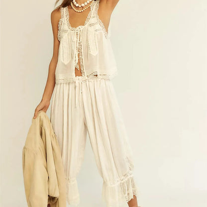 Conjunto de chaleco con ribete de encaje y pantalones de pierna ancha para mujer-Sets for women-Casaluzia
