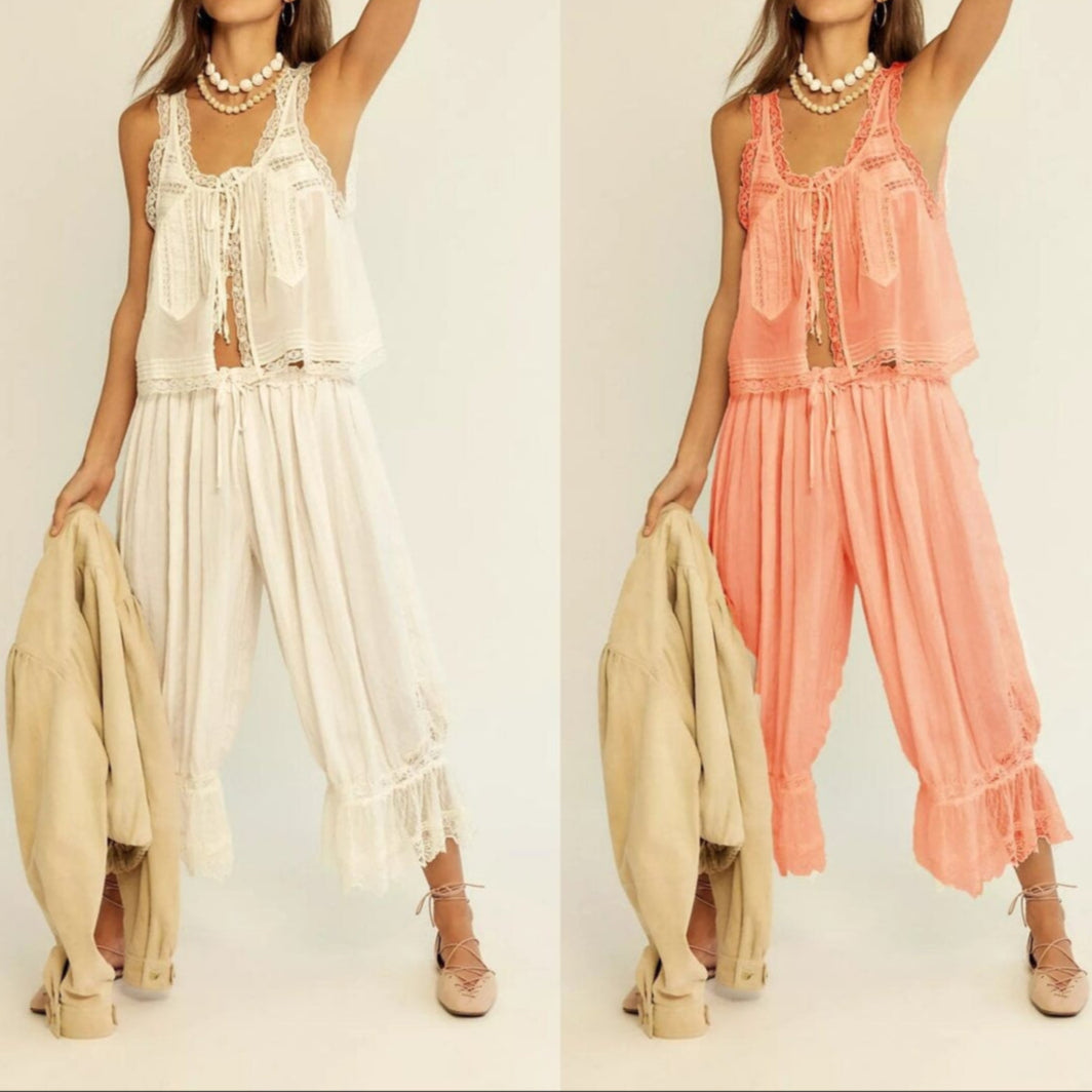 Conjunto de chaleco con ribete de encaje y pantalones de pierna ancha para mujer-Sets for women-Casaluzia