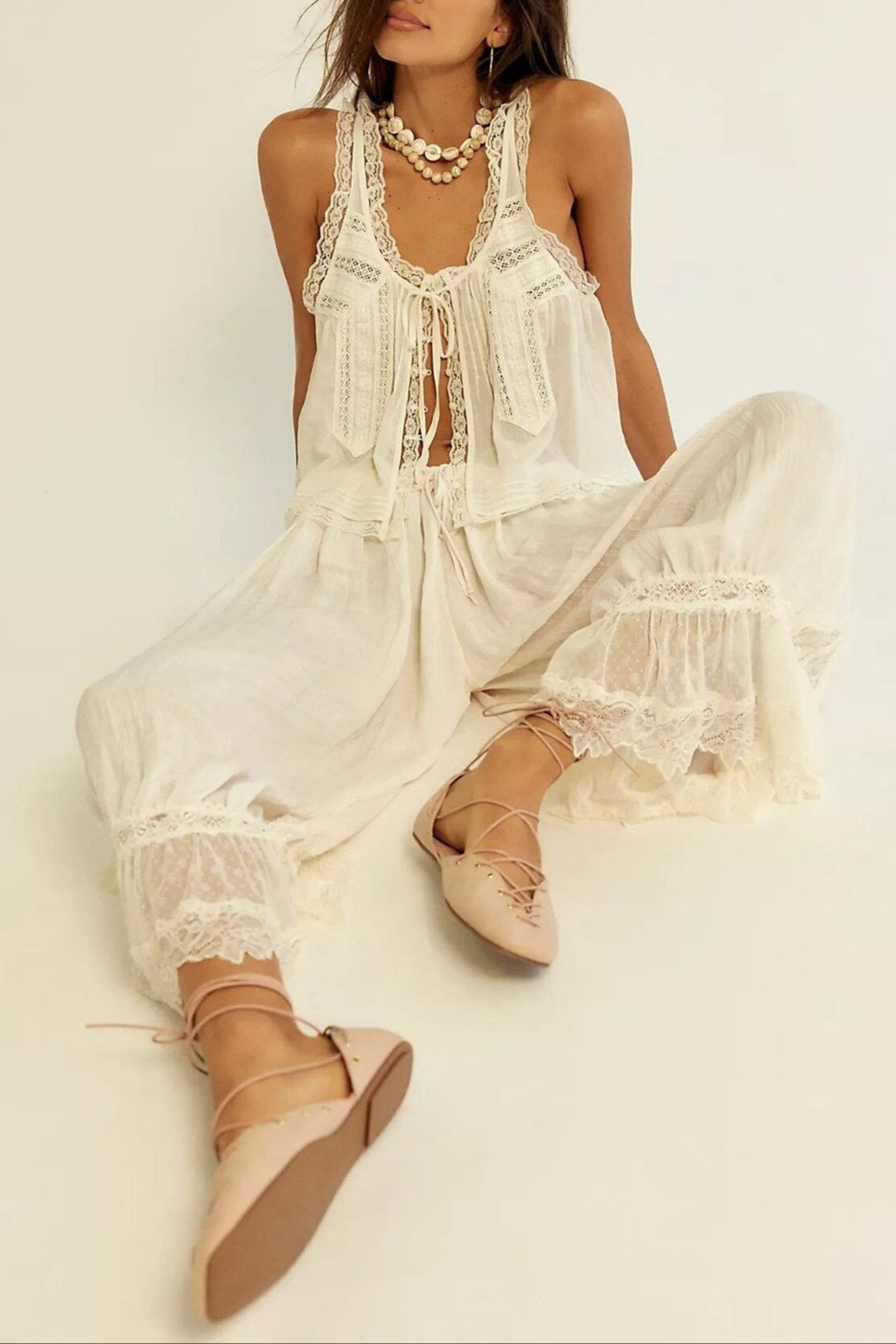 Conjunto de chaleco con ribete de encaje y pantalones de pierna ancha para mujer-Sets for women-Casaluzia