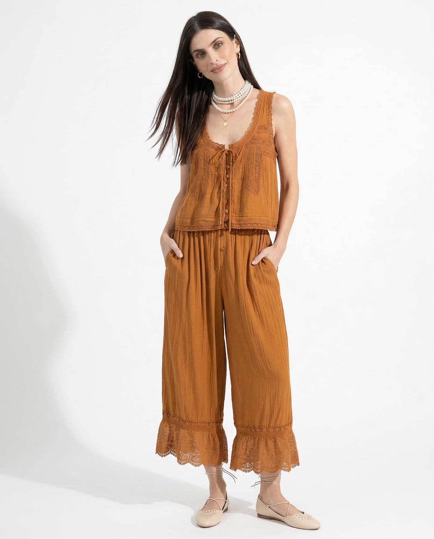 Conjunto de chaleco con ribete de encaje y pantalones de pierna ancha para mujer-Sets for women-Casaluzia