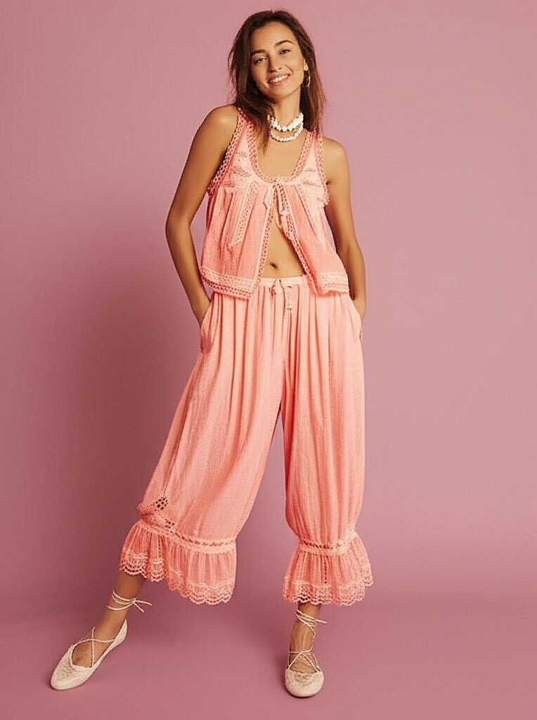Conjunto de chaleco con ribete de encaje y pantalones de pierna ancha para mujer-Sets for women-Casaluzia