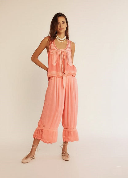 Conjunto de chaleco con ribete de encaje y pantalones de pierna ancha para mujer-Sets for women-Casaluzia