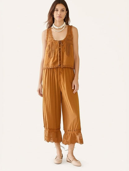 Conjunto de chaleco con ribete de encaje y pantalones de pierna ancha para mujer-Sets for women-Casaluzia