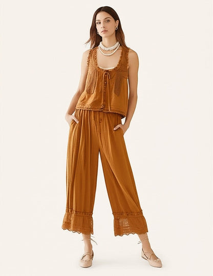 Conjunto de chaleco con ribete de encaje y pantalones de pierna ancha para mujer-Sets for women-Casaluzia