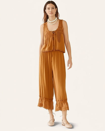Conjunto de chaleco con ribete de encaje y pantalones de pierna ancha para mujer-Sets for women-Casaluzia