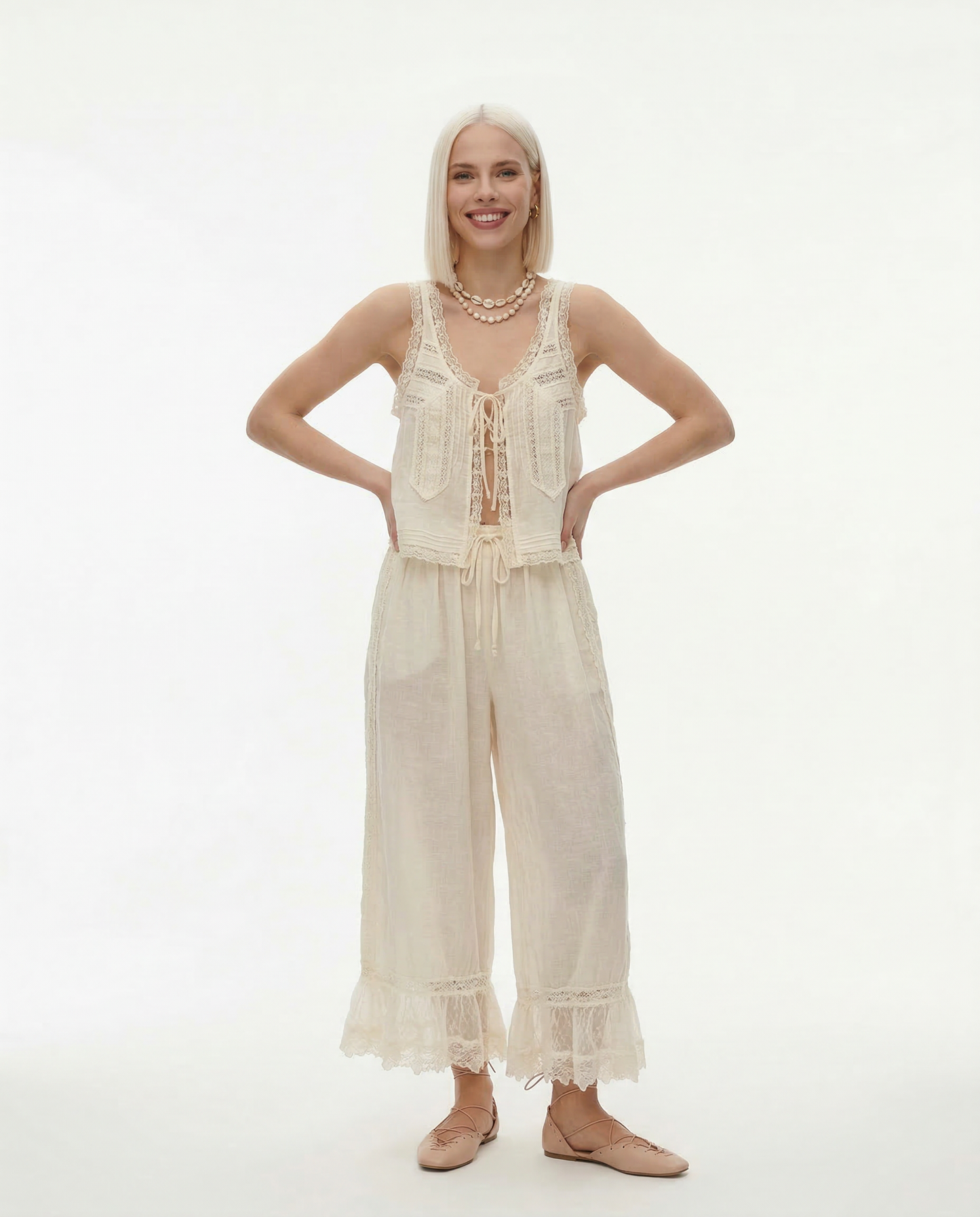 Conjunto de chaleco con ribete de encaje y pantalones de pierna ancha para mujer-Sets for women-Casaluzia