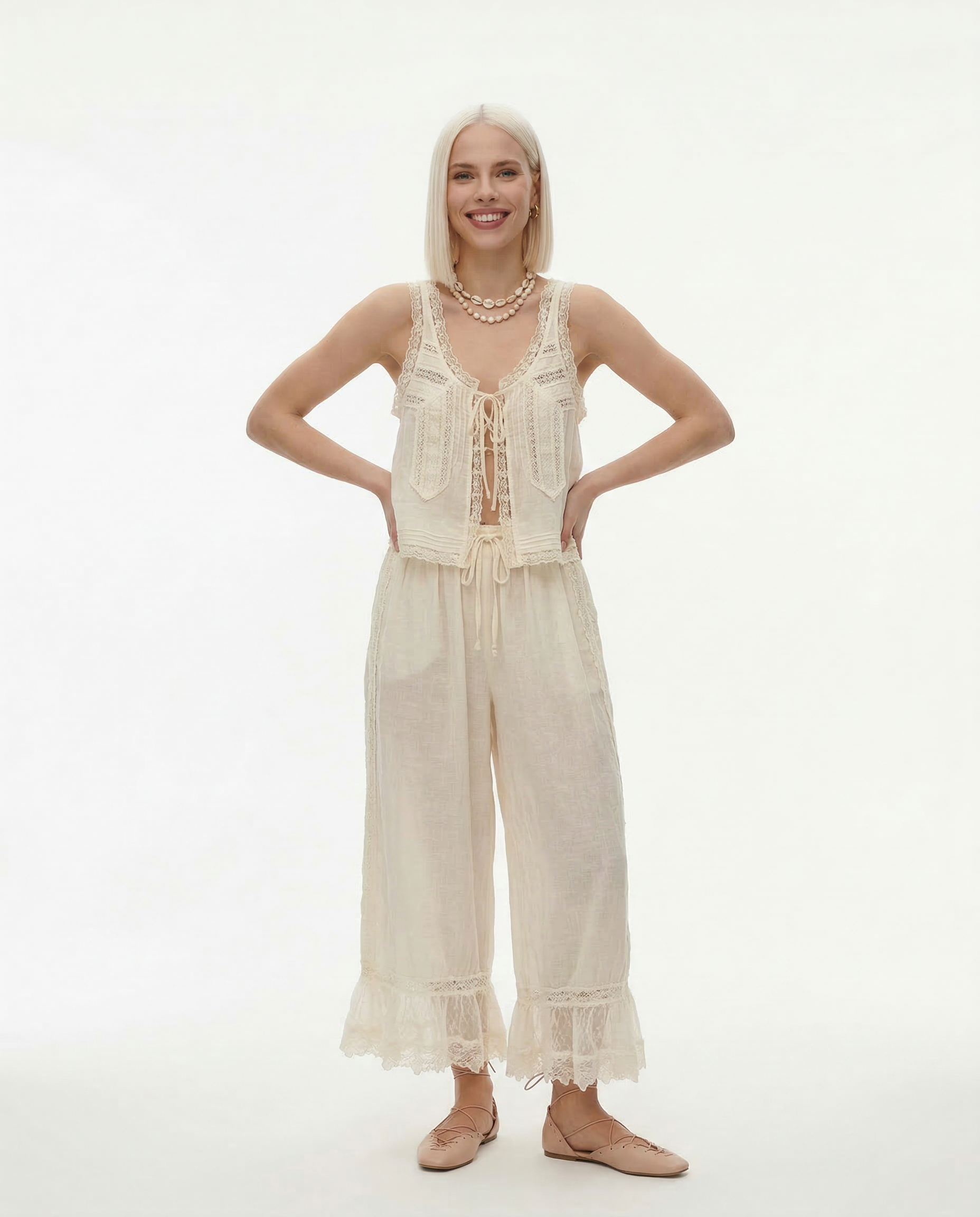 Conjunto de chaleco con ribete de encaje y pantalones de pierna ancha para mujer-Sets for women-Casaluzia