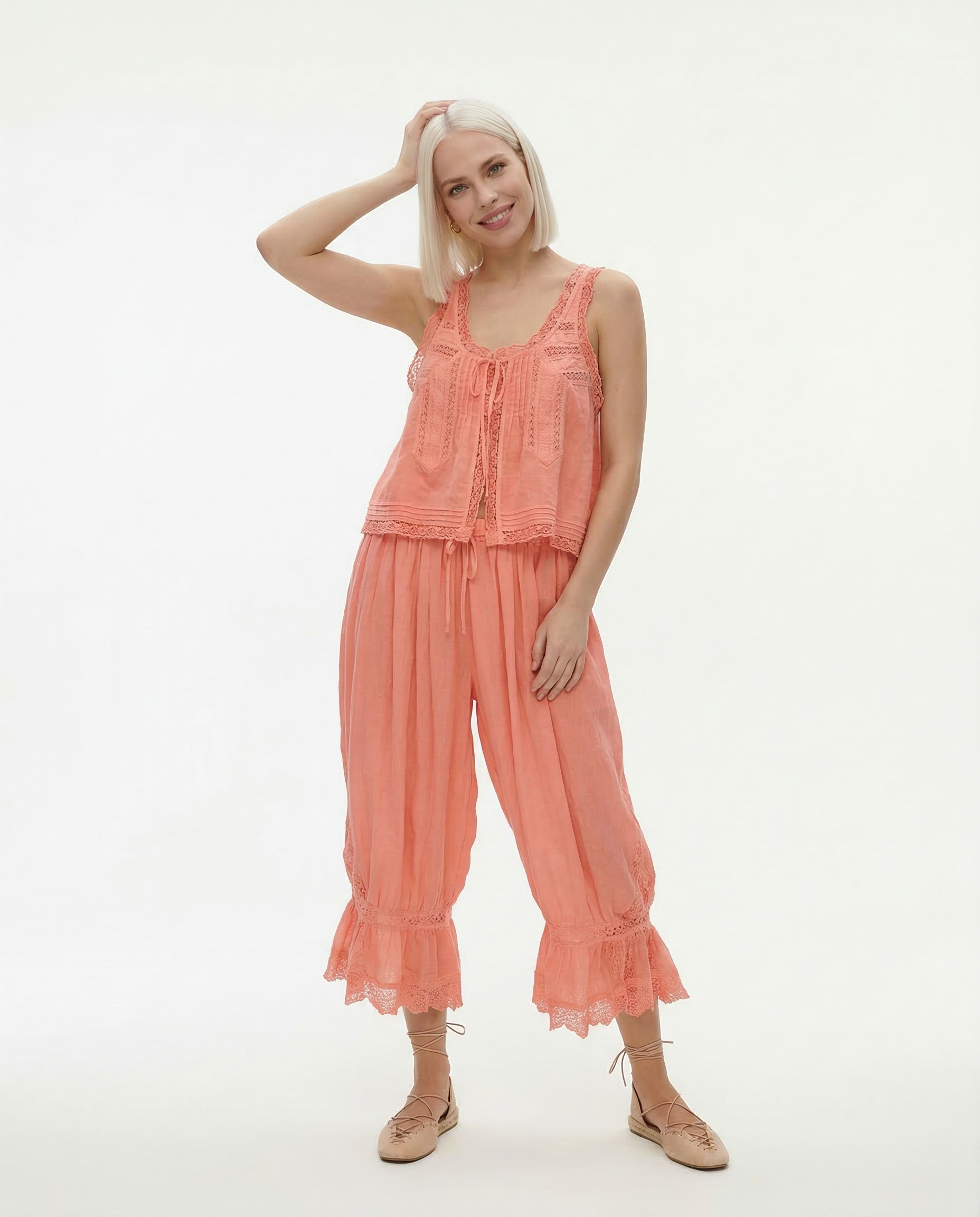 Conjunto de chaleco con ribete de encaje y pantalones de pierna ancha para mujer-Sets for women-Casaluzia