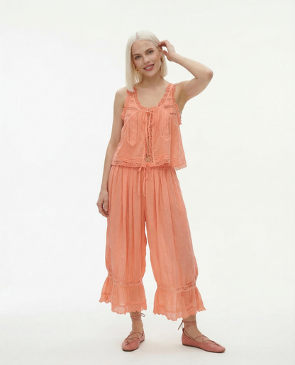 Conjunto de chaleco con ribete de encaje y pantalones de pierna ancha para mujer-Sets for women-Casaluzia