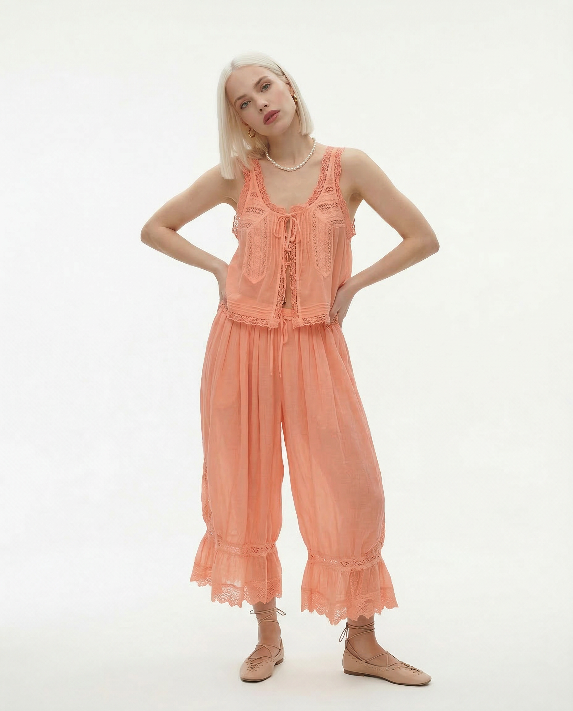 Conjunto de chaleco con ribete de encaje y pantalones de pierna ancha para mujer-Sets for women-Casaluzia
