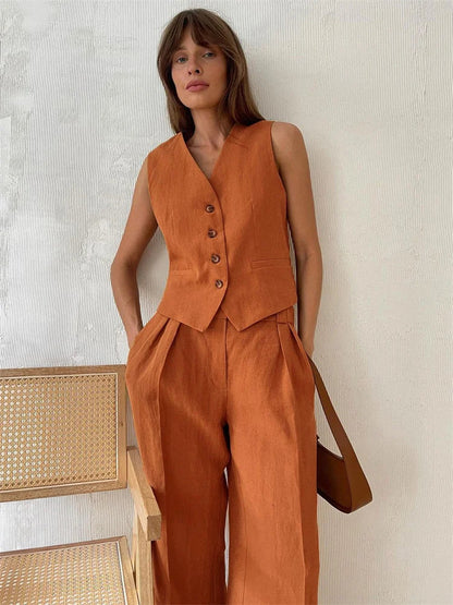 Conjunto de chaleco de lino y pantalones de pernera ancha para mujer-Sets for women-Casaluzia