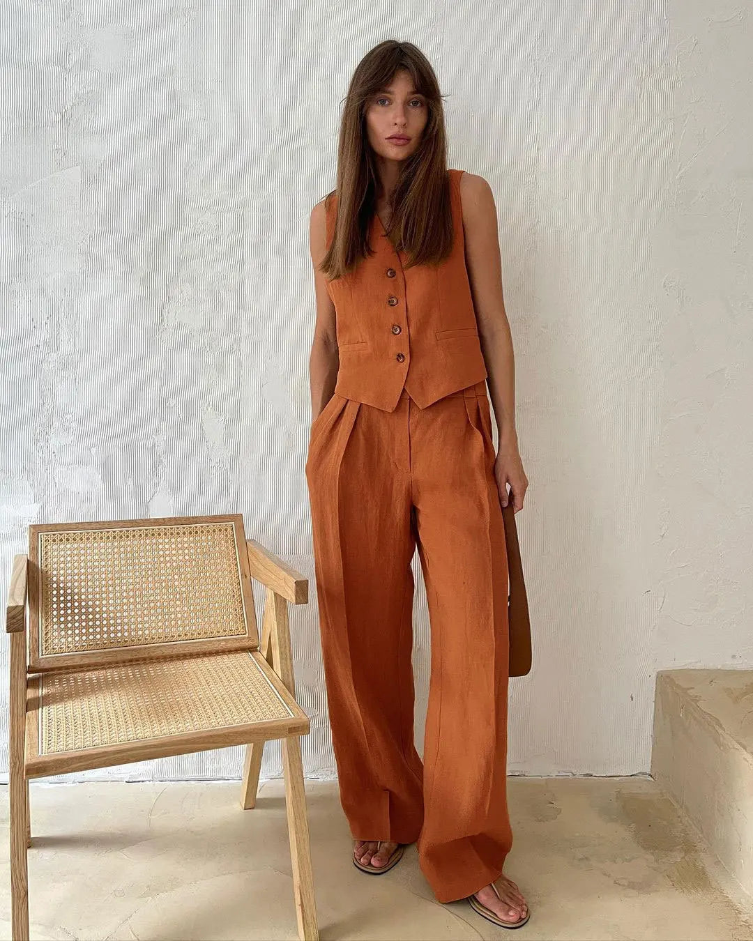 Conjunto de chaleco de lino y pantalones de pernera ancha para mujer-Sets for women-Casaluzia