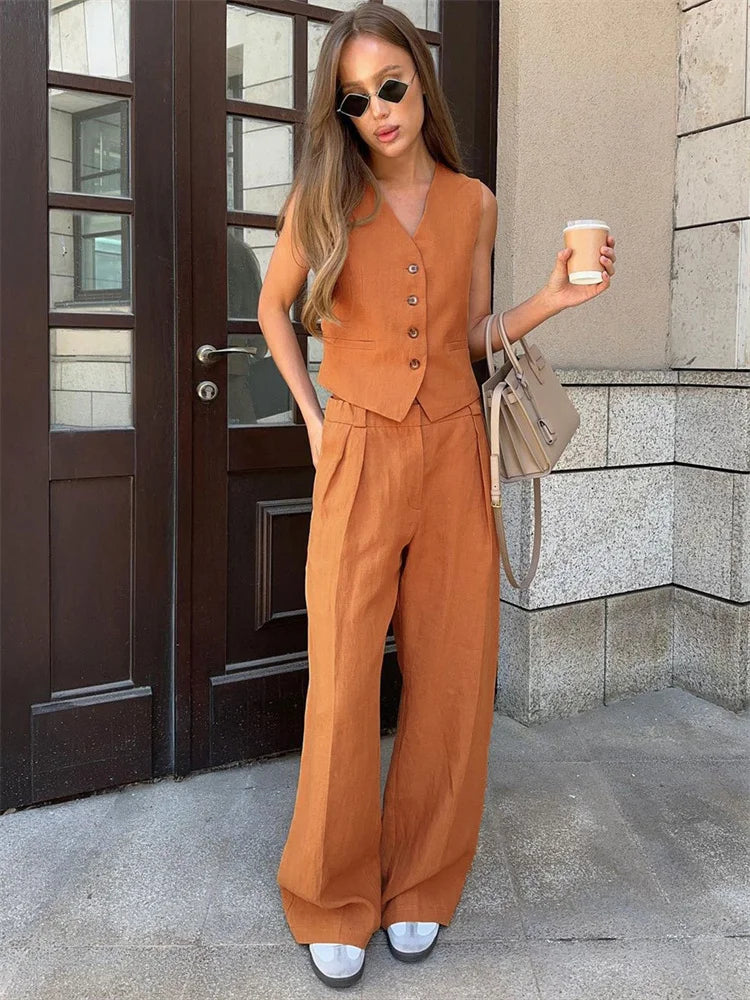 Conjunto de chaleco de lino y pantalones de pernera ancha para mujer-Sets for women-Casaluzia