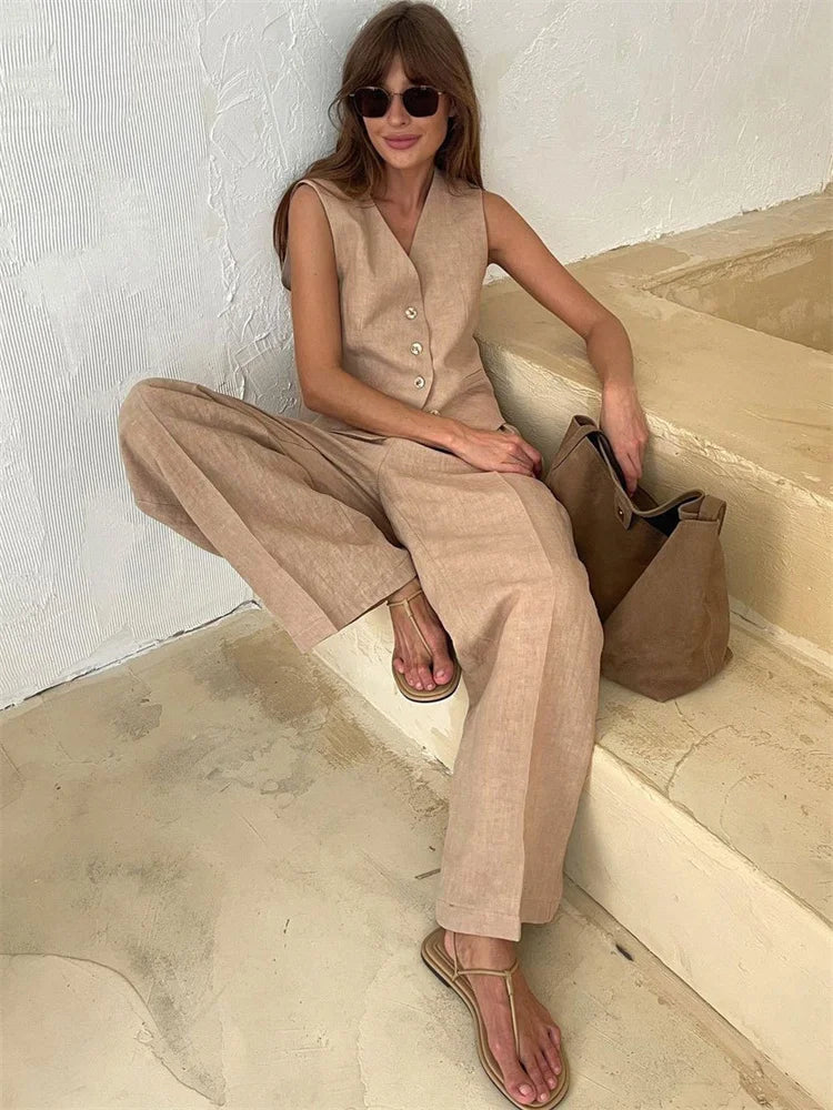 Conjunto de chaleco de lino y pantalones de pernera ancha para mujer-Sets for women-Casaluzia